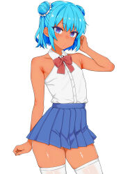 Rule 34 | 1boy, :o, absurdres, bare shoulders, blue eyes, blue hair, blue skirt, buttons, collarbone, collared shirt, dark-skinned male, dark skin, dot nose, double bun, eyelashes, hair bun, highres, looking at viewer, looking to the side, male focus, medium hair, neck ribbon, original, pleated skirt, purple pupils, rakutosu, red ribbon, ribbon, shirt, sidelocks, skirt, sleeveless, sleeveless shirt, solo, tan, thighhighs, trap, white background, white shirt, white thighhighs, wispy bangs, zettai ryouiki