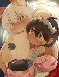 Rule 34 | 1boy, 1other, ambiguous gender, blush, brown hair, dagashi (daga2626), dark skin, full-face blush, furry, hand on another&#039;s head, highres, horizontal pupils, hug, hug from behind, made in abyss, mechanical arms, nanachi (made in abyss), regu (made in abyss), sharp teeth, sweat, tail, tearing up, teeth, whiskers, white hair, yellow eyes