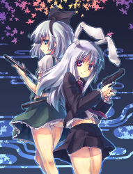 2girls back-to-back blue_eyes female_focus gun hairband katana konpaku_youmu leaf long_hair midriff multiple_girls navel necktie orita_enpitsu pleated_skirt red_eyes reisen_udongein_inaba short_hair silver_hair skirt smile sword touhou weapon