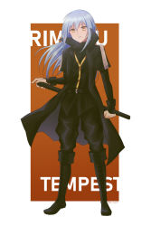Rule 34 | 1other, androgynous, black coat, black footwear, black pants, blue hair, boots, character name, closed mouth, coat, floating hair, full body, hair between eyes, highres, knee boots, long hair, orange background, pants, rimuru tempest, solo, standing, straight hair, tensei shitara slime datta ken, two-tone background, very long hair, white background, yellow eyes, youzora