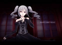 Rule 34 | 10s, 1girl, bad id, bad twitter id, bare shoulders, black dress, breasts, commentary request, dress, drill hair, english text, gothic lolita, gown, hair between eyes, hair ribbon, hand on own chest, happy birthday, idolmaster, idolmaster cinderella girls, kanzaki ranko, lipstick, lolita fashion, looking at viewer, makeup, medium breasts, nail polish, purple lips, purple nails, red eyes, ribbon, silver hair, smile, solo, sugi 214, twin drills, twintails, upper body