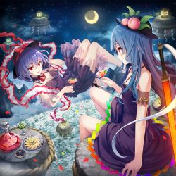 Rule 34 | 2girls, alternate costume, apple, black headwear, blue hair, bow, cloud, cocktail glass, crescent moon, cup, dress, drinking glass, floating, food, fruit, grapes, hair between eyes, hat, hat bow, highres, hinanawi tenshi, holding, holding cup, keystone, knees up, lantern, long hair, looking at another, moon, multiple girls, nagae iku, namaru (summer dandy), night, night sky, off-shoulder dress, off shoulder, open mouth, peach, petals, purple dress, red bow, red eyes, rope, shawl, shimenawa, short hair, sitting, sitting on object, sky, star (sky), starry sky, sword of hisou, touhou