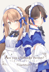 Rule 34 | 1boy, 1girl, apron, blue bow, blue dress, blush, bow, bowtie, braid, brown eyes, brown hair, cover, cover page, crossdressing, dress, grey background, highres, ina (inadahime), long sleeves, looking at viewer, maid, maid apron, maid headdress, name tag, original, puffy sleeves, ribbon, simple background, tsubaki-chan (ina (inadahime)), tsukushi-kun (ina (inadahime))