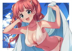 Rule 34 | 1girl, bikini, blue sky, blue towel, breasts, brown hair, cloud, collarbone, commentary request, cowboy shot, day, drill hair, green eyes, highres, leaning forward, long hair, medium breasts, o-ring, o-ring bikini, o-ring bottom, o-ring top, original, sky, smile, solo, swimsuit, towel, two side up, unabara kairo, white bikini