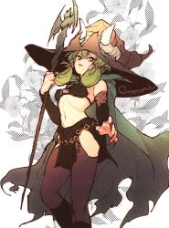 Rule 34 | 1girl, breasts, cleavage, cloak, fake horns, green cloak, green eyes, green hair, hat, highres, holding, holding staff, horned hat, horned headwear, horns, long hair, looking at viewer, medium breasts, nail polish, navel, revealing clothes, skirt, solo, staff, u emmm, unicorn overlord, witch hat, yahna (unicorn overlord)