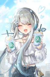 Rule 34 | 1girl, bell, blouse, blue nails, chinese hairpin, closed eyes, cloud, cowboy shot, cup, denim, disposable cup, drink, frappuccino, genshin impact, grey hair, guizhong (genshin impact), hair ornament, highres, holding, holding cup, jeans, long sleeves, maika (maikaoekaki), open mouth, outdoors, pants, shirt, short hair, short hair with long locks, sky, smile, solo, tassel, tassel hair ornament, white shirt