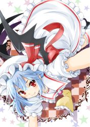 Rule 34 | 1girl, ascot, bat wings, blue hair, bow, brooch, checkered background, eyelashes, fang, fujishima shinnosuke, hat, hat ribbon, jewelry, looking at viewer, mob cap, outstretched arms, red eyes, remilia scarlet, ribbon, shadow, short hair, short sleeves, sinnosuke, skirt, skirt set, smile, solo, spread arms, star (symbol), starry background, touhou, upside-down, wings