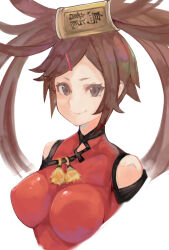 Rule 34 | 1girl, bare shoulders, breasts, brown hair, china dress, chinese clothes, covered erect nipples, dress, guilty gear, guilty gear xrd, hair ornament, hairclip, highres, kuradoberi jam, large breasts, levvellevvel, long hair, looking at viewer, simple background, skin tight, smile, solo, upper body, white background
