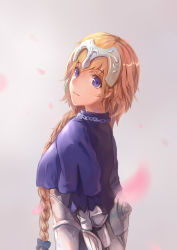 Rule 34 | 1girl, absurdres, armor, arms behind back, black bow, blonde hair, blue eyes, bow, braid, braided ponytail, chain, cherry blossoms, fate/apocrypha, fate (series), from side, grey background, hair bow, headpiece, highres, jeanne d&#039;arc (fate), jeanne d&#039;arc (ruler) (fate), long hair, milu (pixiv8523021), parted lips, single braid, smile, solo, upper body, very long hair