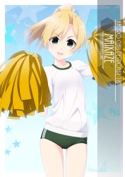Rule 34 | 1girl, alternate costume, artist name, blonde hair, buruma, character name, cheering, commentary request, cowboy shot, green buruma, grey eyes, gym shirt, gym uniform, highres, holding, holding pom poms, inaba shiki, kantai collection, long hair, looking at viewer, maikaze (kancolle), one-hour drawing challenge, parted bangs, pom pom (cheerleading), pom poms, ponytail, shirt, smile, solo, t-shirt, white shirt
