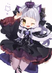 Rule 34 | 1girl, ;d, absurdres, animal ear fluff, animal ears, arm up, black bow, black capelet, black dress, blush, bow, capelet, cat ears, cat girl, cat tail, commentary, crown, dress, fangs, frilled dress, frilled sleeves, frills, fur-trimmed capelet, fur trim, highres, hololive, long hair, long sleeves, looking at viewer, murasaki shion, murasaki shion (gothic lolita), noi mine, one eye closed, open mouth, pantyhose, short eyebrows, silver hair, simple background, skin fangs, smile, solo, tail, tail bow, tail ornament, virtual youtuber, wide sleeves, yellow eyes
