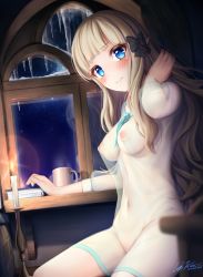 Rule 34 | 1girl, absurdres, black bow, blonde hair, blue eyes, blush, bow, breasts, candlestand, cleft of venus, dress, elf, hair bow, hair ornament, highres, large breasts, long hair, looking at viewer, luft7star, pointy ears, princess connect!, saren (princess connect!), see-through, see-through dress, solo