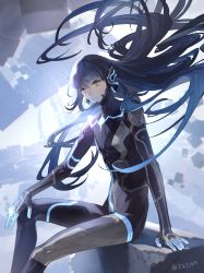 Rule 34 | 1boy, androgynous, artist name, backlighting, black bodysuit, blue hair, blunt bangs, blurry, blurry background, bodysuit, closed mouth, commentary request, eyelashes, feet out of frame, floating, floating hair, floating object, highres, long hair, looking at viewer, male focus, neon trim, protagonist (smtv), serious, shin megami tensei, shin megami tensei v, sidelocks, sitting, solo, stone, twitter username, very long hair, yellow eyes, za210n