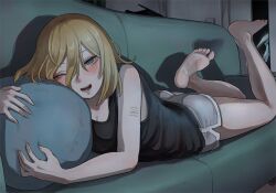 Rule 34 | 1girl, barefoot, black tank top, blonde hair, blue eyes, blush, breasts, cleavage, commentary request, couch, eyelashes, feet, feet up, full body, grey shorts, hair between eyes, highres, indoors, legs, lying, medium breasts, medium hair, hugging object, on stomach, one eye closed, original, pillow, pillow hug, scar, self-harm, short shorts, shorts, sleeveless, soles, solo, swept bangs, tabao, tank top, toes