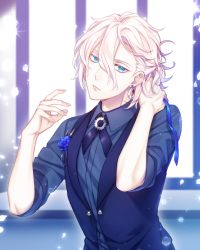 Rule 34 | 1boy, bishounen, blue eyes, blue shirt, blue vest, closed mouth, corsage, earrings, fate/grand order, fate (series), formal, hair between eyes, head tilt, jewelry, karna (fate), karna (gateau au chocolat) (fate), looking at viewer, male focus, messy hair, neudot (lunaxfiore), pale skin, shirt, solo, upper body, vest, white hair