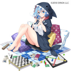 Rule 34 | 1girl, animal hood, barefoot, black jacket, blue eyes, blue hair, board game request, breasts, card, chess piece, chessboard, cleavage, closed mouth, copyright notice, cup, fiona (gemini seed), fringe trim, full body, gemini seed, hagino kouta, hair between eyes, holding, holding cup, hood, hood up, hooded jacket, jacket, knees up, medium breasts, mug, official art, pillow, plaid, polka dot pillow, shark hood, simple background, sitting, smile, solo, steam, watermark, white background