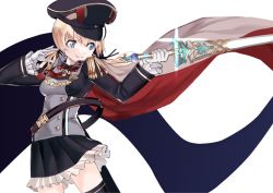 Rule 34 | 10s, 1girl, aiguillette, arms up, black skirt, black thighhighs, blonde hair, blue eyes, cape, closed mouth, cowboy shot, cross, fighting stance, frilled skirt, frilled sleeves, frills, glint, gloves, grey hat, hat, holding, holding sword, holding weapon, iron cross, kantai collection, long sleeves, looking to the side, military, military uniform, necktie, peaked cap, pleated skirt, prinz eugen (kancolle), red cape, red necktie, ruisento, simple background, skirt, smile, solo, sword, thighhighs, uniform, unsheathed, weapon, white background, white gloves, zettai ryouiki
