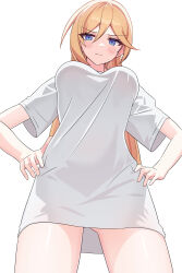 Rule 34 | 1girl, absurdres, bianka durandal ataegina, blonde hair, blue eyes, breasts, closed mouth, commentary, english commentary, from below, hands on own hips, highres, honkai (series), honkai impact 3rd, large breasts, long hair, looking at viewer, miiruel, shirt, short sleeves, simple background, solo, v-shaped eyebrows, white background, white shirt
