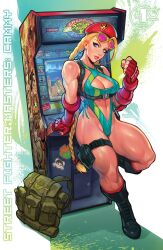 Rule 34 | 1girl, absurdres, arcade, arcade cabinet, backpack, bag, beret, blonde hair, blue eyes, breasts, cammy white, capcom, cleavage, clothing cutout, fingerless gloves, gloves, hat, highres, large breasts, long hair, looking at viewer, navel, navel cutout, one-piece swimsuit, parted lips, pink lips, reiq, seductive smile, smile, solo, street fighter, sunglasses on head, swimsuit, thick thighs, thighs, toned