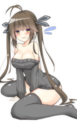 Rule 34 | 1girl, ahoge, antenna hair, black thighhighs, blush, breasts, brown hair, cleavage, girls&#039; frontline, highres, large breasts, long hair, m14 (girls&#039; frontline), naked sweater, off shoulder, raion (inoueraion), solo, sweater, thighhighs, twintails, yellow eyes