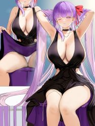 Rule 34 | 1girl, absurdres, armpits, bare arms, bare shoulders, bb (fate), bb (fate/extra), black choker, black dress, blush, breasts, choker, cleavage, closed mouth, clothes lift, dress, dress lift, ear piercing, evening gown, fate/extra, fate/grand order, fate (series), hair ornament, highres, large breasts, long hair, looking at viewer, multiple views, one eye closed, panties, parted lips, piercing, purple eyes, purple hair, sideboob, sitting, sleeveless, sleeveless dress, spread legs, sumida bunchou, thighs, underwear, very long hair, white panties