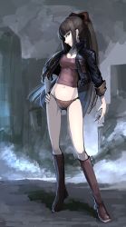 Rule 34 | 1girl, boots, bow, brown hair, cross, earrings, green eyes, hair bow, hand on own hip, hetza (hellshock), highres, jacket, jewelry, knee boots, leather, leather jacket, long hair, looking at viewer, navel, no pants, open clothes, open jacket, original, panties, ponytail, sleeves rolled up, solo, tank top, underwear