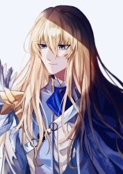 Rule 34 | 1boy, absurdres, amai amanogawa, arm at side, ascot, blonde hair, blue ascot, blue brooch, blue eyes, blurry, brooch, cape, closed eyes, depth of field, eyelashes, facing viewer, fate/grand order, fate (series), feathers, film grain, grey background, hair between eyes, highres, jacket, jewelry, kirschtaria wodime, light smile, long hair, long sleeves, looking to the side, male focus, simple background, solo, upper body, white cape, white feathers, white jacket