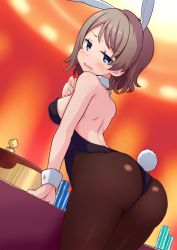 Rule 34 | 10s, 1girl, animal ears, arm support, ass, bad id, bad twitter id, blue eyes, blush, breasts, brown hair, brown pantyhose, detached collar, dutch angle, fake animal ears, from behind, half-closed eyes, hand on own chest, highres, leaning forward, leotard, looking back, love live!, love live! sunshine!!, medium breasts, pantyhose, playboy bunny, poker chip, rabbit ears, rabbit girl, rabbit tail, robin16, sideboob, solo, sweatdrop, tail, watanabe you, wavy mouth, wrist cuffs