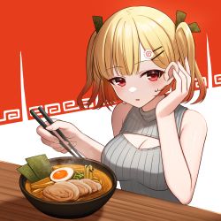 Rule 34 | 1girl, absurdres, bare arms, bare shoulders, blonde hair, blush, breasts, chopsticks, cleavage, cleavage cutout, clothing cutout, commentary request, copyright request, food, grey sweater, hair behind ear, hair ornament, tucking hair, hairclip, hand up, highres, holding, holding chopsticks, hoshimiya aki, looking at viewer, medium breasts, noodles, official art, parted lips, ramen, red eyes, simple background, sleeveless, sleeveless turtleneck, solo, sweat, sweater, turtleneck, turtleneck sweater, twintails, white background