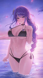 Rule 34 | 1girl, absurdres, alternate costume, bare arms, bare shoulders, bikini, black bikini, black choker, blush, braid, breasts, choker, cleavage, cloud, cloudy sky, commentary, cowboy shot, dangle earrings, earrings, expressionless, genshin impact, hair ornament, hand on own chest, hasom, highres, jewelry, large breasts, long braid, long hair, looking at viewer, low-braided long hair, low-tied long hair, mole, mole under eye, multi-strapped bikini, navel, ocean, outdoors, parted lips, petals, purple eyes, purple hair, purple sky, raiden shogun, ripples, seashell, shell, skindentation, sky, solo, standing, stomach, string bikini, sunset, swimsuit, tassel, thighs, very long hair, wading, water
