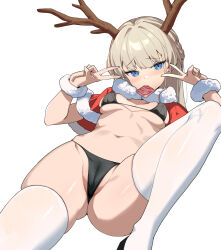 Rule 34 | 1girl, antlers, bikini, black bikini, blonde hair, blue archive, blue eyes, blush, breasts, breasts apart, cameltoe, capelet, christmas, cleft of venus, condom, condom in mouth, condom wrapper, deatheach, double v, fur-trimmed capelet, fur trim, highres, horns, long hair, looking at viewer, micro bikini, mouth hold, navel, partially visible vulva, red capelet, reindeer antlers, santa costume, simple background, small breasts, solo, swimsuit, thighhighs, toki (blue archive), v, white background, white thighhighs