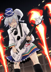 Rule 34 | 1girl, blue skirt, closed eyes, commentary, electric guitar, facing viewer, fire, frilled skirt, frills, grey hair, guitar, highres, holding, holding instrument, instrument, japanese clothes, kariginu, long sleeves, mononobe no futo, music, open mouth, playing instrument, pom pom (clothes), ponytail, ribbon-trimmed sleeves, ribbon trim, sakamoto fred, skirt, solo, touhou
