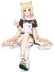 Rule 34 | 1girl, :d, aki rosenthal, aki rosenthal (gaming casual), animal ear fluff, animal ears, bare shoulders, black shirt, blonde hair, blush, cat ears, collarbone, full body, fuusuke (fusuke208), highres, hololive, long hair, looking at viewer, low twintails, off-shoulder shirt, off shoulder, open mouth, overall shorts, overalls, parted bangs, parted hair, purple eyes, shirt, shoes, short sleeves, sitting, smile, sneakers, solo, suspenders, twintails, twitter username, very long hair, virtual youtuber