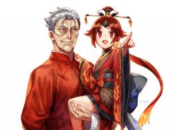 Rule 34 | 1boy, 1girl, benienma (fate), bird hat, brown headwear, carrying, commentary request, fate/grand order, fate (series), feather trim, grey hair, hat, japanese clothes, kimono, li shuwen (fate), li shuwen (fate/grand order), li shuwen (old) (fate), long hair, long sleeves, looking at another, low ponytail, neko7575yuki, open mouth, parted bangs, pointing, red eyes, red hair, simple background, smile, twitter username, white background, wide sleeves