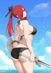 Rule 34 | 1girl, absurdres, ass, bikini, bird, black bikini, black bow, blue sky, bow, breasts, brown eyes, closed mouth, cloud, commentary, cowboy shot, day, derivative work, english commentary, erza scarlet, fairy tail, from behind, hair bow, hair over one eye, halterneck, head tilt, high ponytail, highres, holding, holding sword, holding weapon, large breasts, looking at viewer, looking back, mashima hiro, outdoors, red eyes, red hair, shield, sideboob, sky, solo, stayaliveplz, swimsuit, sword, weapon