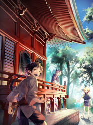 Rule 34 | 1girl, 2boys, androgynous, architecture, bad id, bad pixiv id, blue sky, day, east asian architecture, fangs, from behind, horns, lor968, multiple boys, open mouth, original, outdoors, red eyes, short hair, single horn, sky, tree, yellow eyes