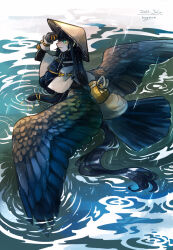 Rule 34 | 1girl, adjusting clothes, adjusting headwear, animal hands, artist name, black feathers, black wings, claws, commentary request, dated, feathers, green eyes, harpy, hat, highres, hogara, long hair, monster girl, original, partially submerged, rain, rice hat, solo, very long hair, water, wings, yellow lips