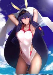 Rule 34 | 1girl, armpits, arms up, bird, cloud, collarbone, contrapposto, covered navel, dark-skinned female, dark skin, day, facial mark, fate/grand order, fate (series), gluteal fold, hairband, kameponde, nitocris (fate), nitocris (swimsuit assassin) (second ascension) (fate), one-piece swimsuit, purple eyes, purple hair, seagull, sky, smile, solo, standing, swimsuit, veil