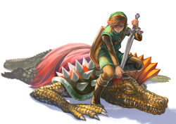 Rule 34 | 2boys, boots, brown footwear, brown hair, brown pants, closed mouth, creature, green headwear, green tunic, hair over one eye, highres, holding, holding sword, holding weapon, knee boots, la sera art, link, long sleeves, multiple boys, nintendo, pants, reptile, scales, serious, sharp teeth, shield, shield on back, shoulder spikes, sitting, sitting on person, spikes, sword, teeth, the legend of zelda, triforce, weapon, zelda ii: the adventure of link