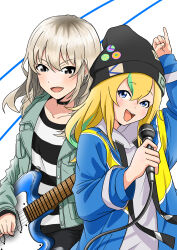 Rule 34 | 2girls, absurdres, black choker, black shirt, blonde hair, blue eyes, blue jacket, choker, collarbone, commentary request, crossover, earrings, girls band cry, green hair, grey eyes, grey hair, hair between eyes, highres, hikakisyo, holding, holding instrument, holding microphone, holding plectrum, hood, hood down, hoodie, instrument, jacket, jewelry, kawaragi momoka, long hair, long sleeves, making-of available, microphone, multicolored hair, multiple girls, open clothes, open jacket, open mouth, partial commentary, pinky out, plectrum, roots (hair), shirt, smile, streaked hair, striped clothes, striped shirt, teeth, upper teeth only, white hoodie, yamanouchi kano, yoru no kurage wa oyogenai