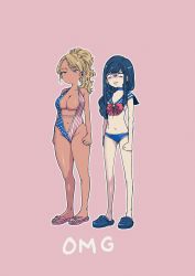 Rule 34 | 2girls, american flag swimsuit, angry, black eyes, black hair, blonde hair, breasts, center opening, cleavage, clenched hands, clenched teeth, commentary request, crocs, dark-skinned female, dark skin, food court de mata ashita, full body, grey eyes, groin, gyaru, halterneck, high ponytail, highres, large breasts, long hair, low tied hair, multiple girls, nariie shin&#039;ichirou, navel, pink background, sailor bikini, sailor collar, unofficial sailor senshi uniform, sandals, small breasts, straight hair, teeth, wada (food court), wavy hair, yamamoto (food court)