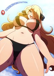 Rule 34 | 1girl, areola slip, bikini, blonde hair, breasts, cameltoe, cleavage, creatures (company), cynthia (pokemon), day, eyebrows, from below, game freak, hair over one eye, highres, kinkymation, legs, long hair, looking at viewer, looking down, navel, nintendo, open mouth, partially visible vulva, pokemon, pokemon dppt, shiny skin, sky, smile, solo, sweat, swimsuit, thighs, very long hair, view between legs