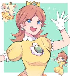 Rule 34 | 1girl, ayaka 00709, blue eyes, breasts, brown hair, bubble, bubble daisy, crown, dress, earrings, elephant princess daisy, flower earrings, gloves, grin, highres, jewelry, looking at viewer, mario (series), medium breasts, nintendo, open mouth, orange dress, power-up, princess daisy, puffy short sleeves, puffy sleeves, short sleeves, smile, super mario bros. wonder, tomboy
