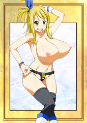 Rule 34 | 1girl, blonde hair, breasts, fairy tail, female focus, gradient background, huge breasts, key, lucy heartfilia, mouth hold, nipples, smile, solo, sunahara wataru, topless, white background