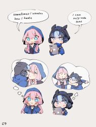 Rule 34 | 2girls, arknights, biting, biting arm, blue eyes, blue hair, blue jacket, blue poison (arknights), blush, chibi, english text, glaucus (arknights), grey background, hair between eyes, hand up, highres, holding, holding tablet pc, hood, hood up, hooded jacket, how i taste (meme), imagining, jacket, kiss, long hair, long sleeves, low twintails, meme, multicolored hair, multiple girls, numbered, open clothes, open jacket, pink hair, ruri (dailybloopy), simple background, speech bubble, tablet pc, twintails, yuri