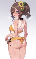 Rule 34 | 1girl, ahoge, ass, back, bikini, blue eyes, blush, breasts, brown hair, cowboy shot, fang, flower, frilled bikini, frills, from behind, gradient background, grey background, hair between eyes, hair flower, hair ornament, highres, hololive, kladd, looking back, natsuiro matsuri, natsuiro matsuri (hololive summer 2019), official alternate costume, one-piece tan, open mouth, orange bikini, parted bangs, ponytail, shiny skin, side-tie bikini bottom, sidelocks, skin fang, small breasts, solo, sunflower, sweatdrop, swimsuit, tan, tanline, thighs, virtual youtuber, white background