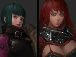 Rule 34 | 2girls, armor, belt, blue eyes, bob cut, breasts, brown eyes, cleavage, cleavage cutout, clothing cutout, concept art, gloves, green hair, grey background, highres, hunting era, looking at viewer, multiple girls, red hair, sangsoo jeong, short hair, simple background, small breasts, upper body