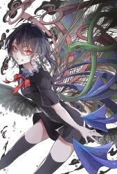 Rule 34 | 1girl, asymmetrical wings, black dress, black hair, black thighhighs, blue wings, breasts, commentary request, dress, eyelashes, feet out of frame, hair between eyes, hegata (hegatia lapis), highres, houjuu nue, long hair, looking at viewer, pointy ears, red eyes, red wings, simple background, small breasts, snake, solo, thighhighs, touhou, white background, wings