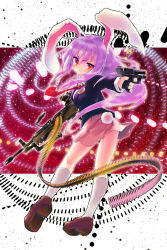 Rule 34 | 1girl, :&lt;, ammunition belt, animal ears, assault rifle, bullet, casing ejection, danmaku, female focus, frown, gun, handgun, kneepits, kuromaru9, light machine gun, loafers, long hair, looking back, m249, machine gun, pistol, purple hair, rabbit ears, rabbit girl, rabbit tail, red eyes, reisen udongein inaba, rifle, shell casing, shoes, skirt, solo, squad automatic weapon, squinting, tail, touhou, uneven eyes, weapon, white legwear