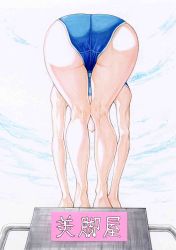 Rule 34 | 1girl, artist request, ass, bent over, blue one-piece swimsuit, colored pencil (medium), from behind, highres, kneepits, legs, manpuku, marker (medium), millipen (medium), one-piece swimsuit, original, school swimsuit, solo, swimsuit, thighs, traditional media